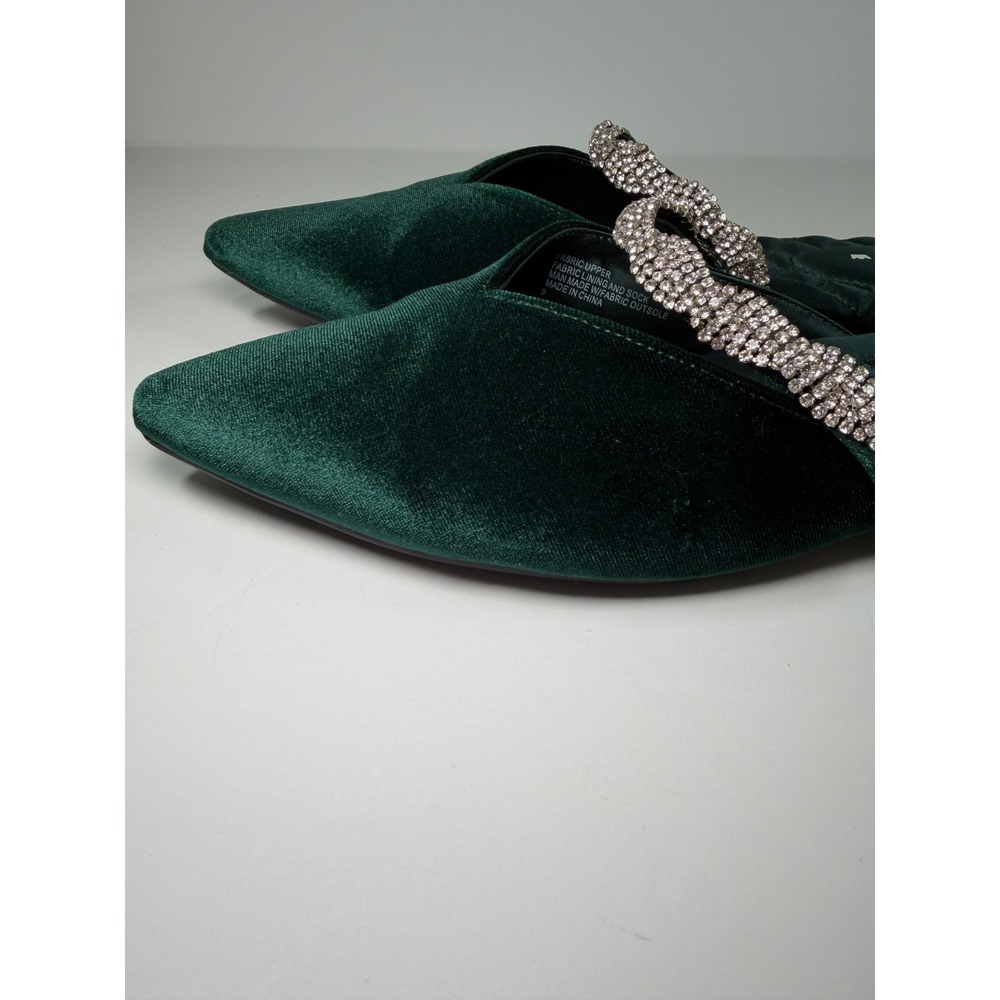 Birdies The Swan Mule Women 9 Green Velvet Crystal Embellished Pointed Toe Flat - Picture 2 of 12
